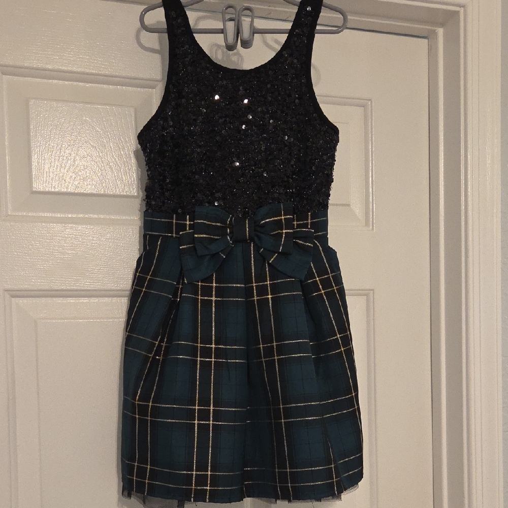 The Children's Place Black Sequin Top with Green Plaid Skirt Dress